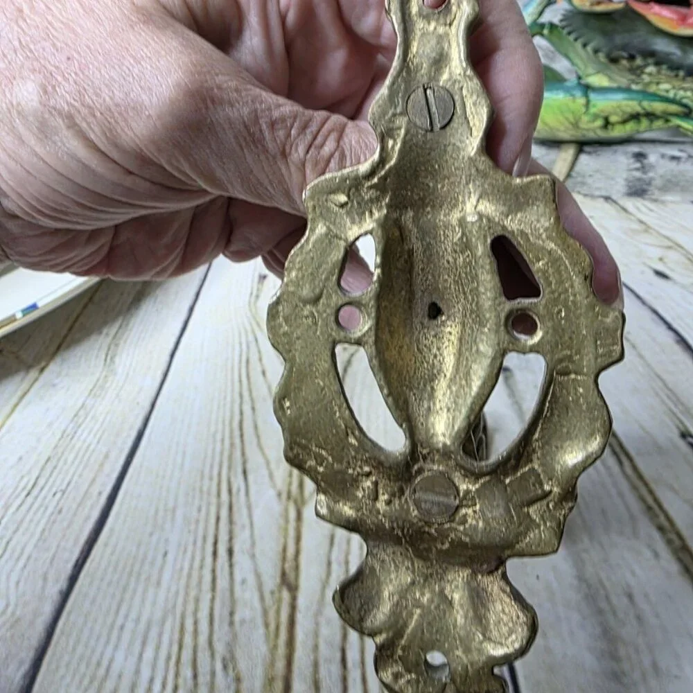 Large Vintage Fancy Cast Iron Brass Gold Paint Coat Hook, 5 1/2” x 4 1/2 Inches
